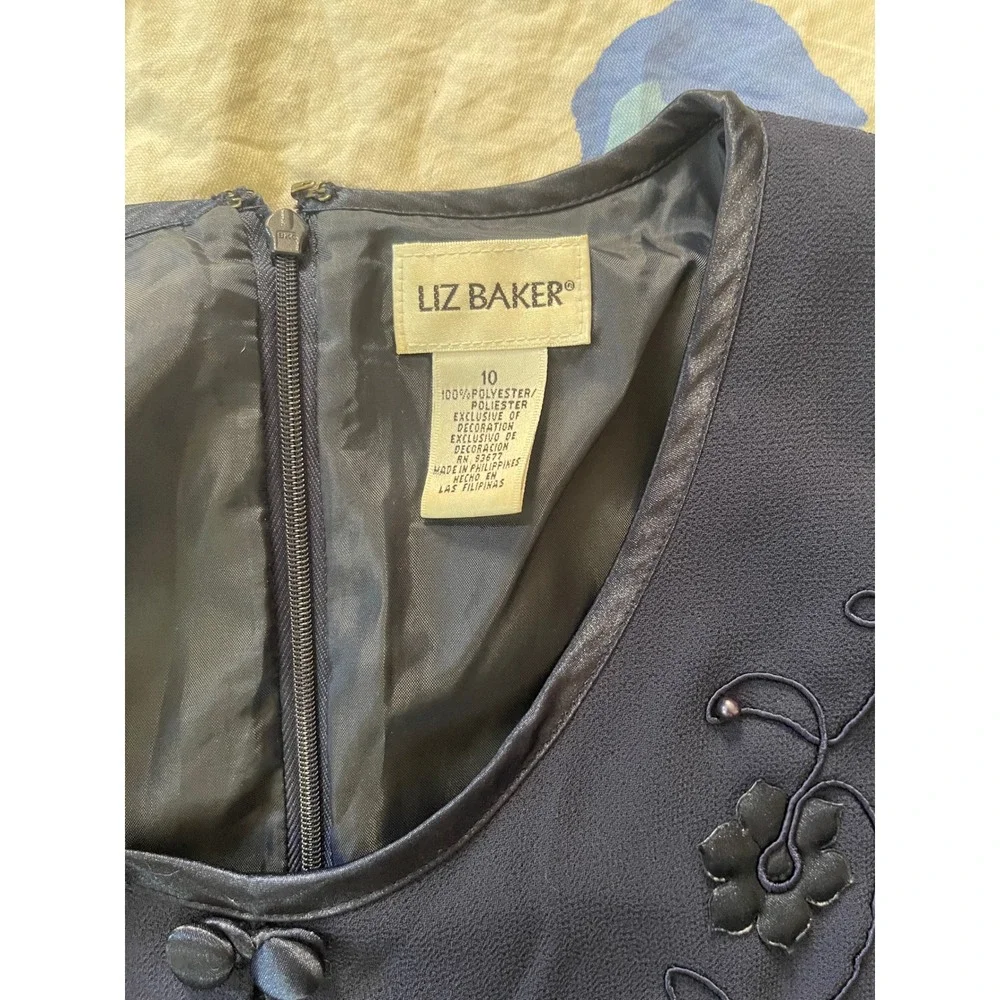 Vintage Liz Baker Navy Blue Floral Embroidered Sheer Overlay Shift Dress Size 10
